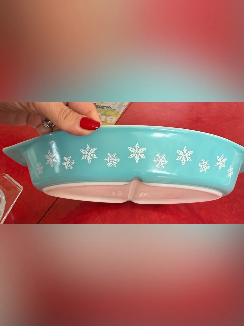 Vintage Pyrex Turquoise Snowflake Divided Casserole Dish 1.5 QT with Lid